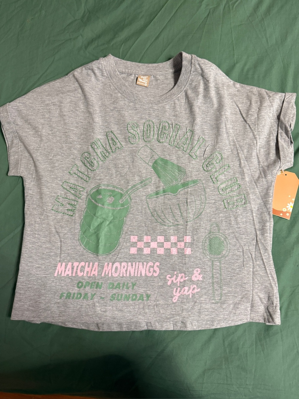 Matcha Mornings Graphic Tee - Grey with Green & Pink